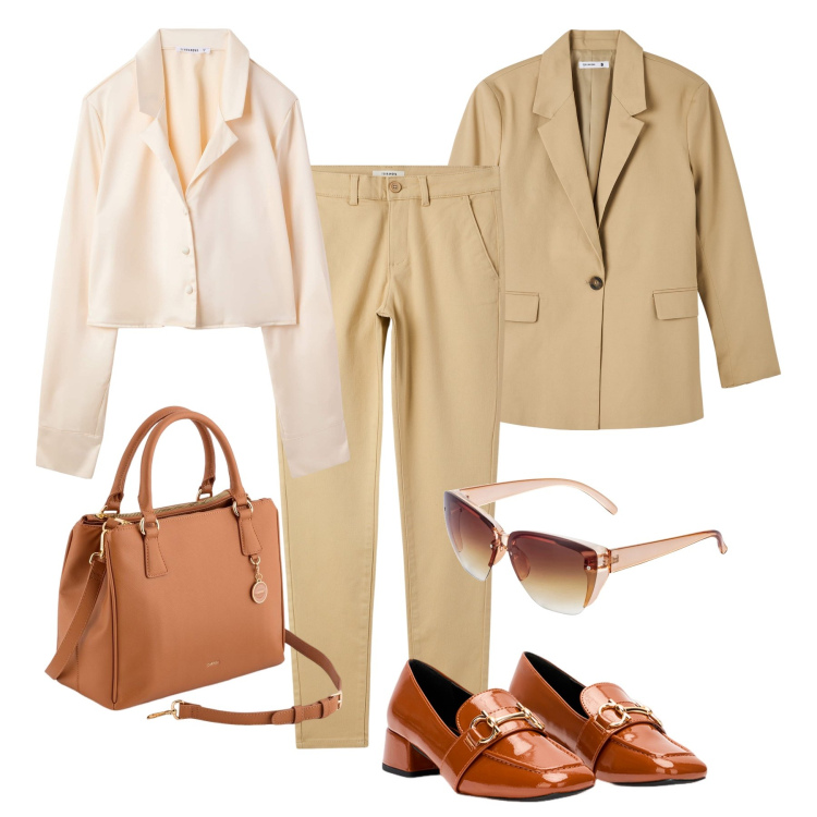 Outfit donna - Ufficio classico primavera. Stile Glamour per Ufficio. Abbinamento con occhiali da sole, camicie, blazer, pantaloni chino, mocassini, borse a mano.