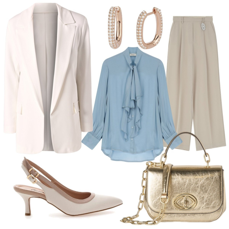 Outfit donna - Un tocco di cielo. Stile Bon Ton per Cerimonia. Abbinamento con pantaloni, bluse, orecchini, blazer, borse a tracolla, décolleté.