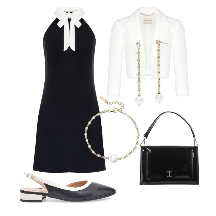 Outfit donna - Less is more: serata chic. Stile Bon Ton per Serata fuori. Abbinamento con orecchini, braccialetti, vestiti, bolero, borse a tracolla, ballerine.