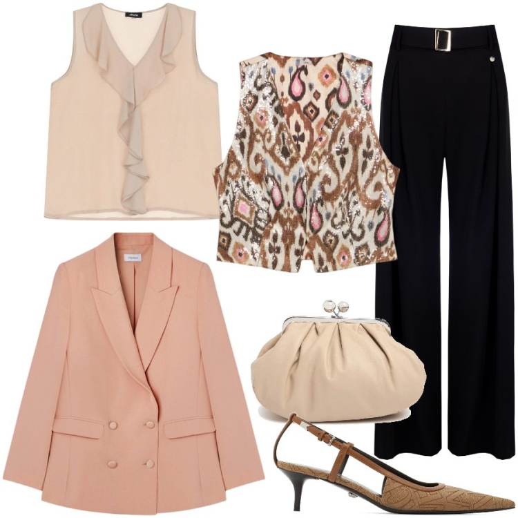 Outfit donna - Gilet con paillettes e giacca salmone. Stile Glamour per Serata fuori. Abbinamento con top, pantaloni, pochette, blazer, gilet, décolleté.