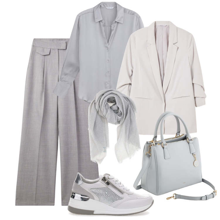 Outfit donna - Sfumature delicate del grigio. Stile Casual chic per Tutti i giorni. Abbinamento con pantaloni, blazer, camicie, sneakers, foulard, borse a mano.
