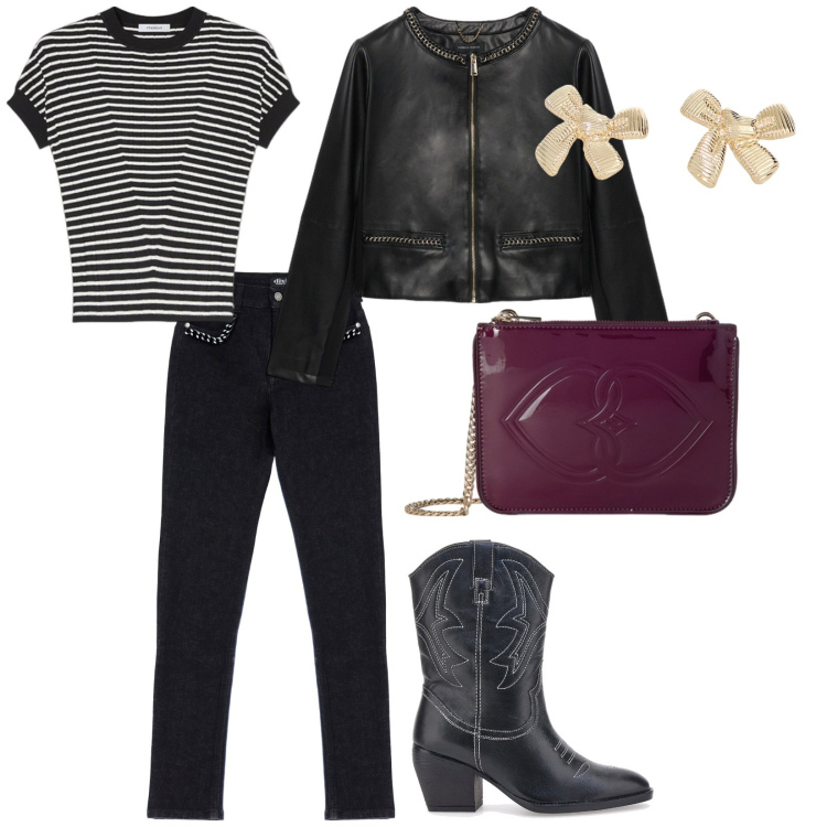 Outfit donna - Rock. per Serata fuori. Abbinamento con jeans, orecchini, stivaletti, blazer, pochette, maglieria.