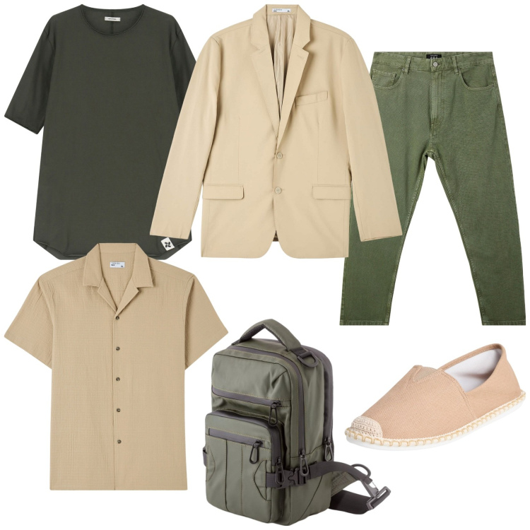Outfit uomo - Total look #2100529. Stile Trendy per Tutti i giorni. Abbinamento con giacche, espadrillas, camicie a manica corta, pantaloni, t-shirt, borse sportive.