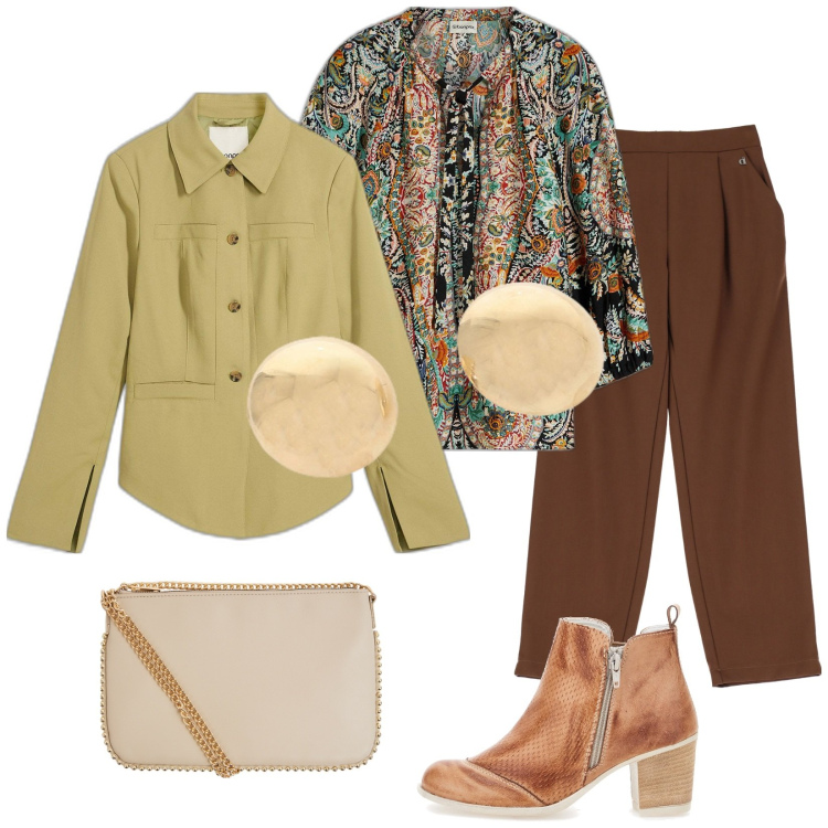 Outfit donna - Total look #2100537. Stile Vintage retrò per Tutti i giorni. Abbinamento con bluse, cappotti, borse a tracolla, pantaloni, orecchini, stivaletti.
