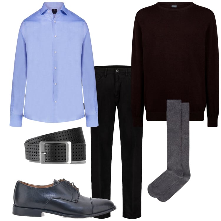 Outfit uomo - In ufficio a modo mio. Stile Business/Elegante per Ufficio. Abbinamento con cinture, maglieria, scarpe stringate, camicie, pantaloni, calzini.