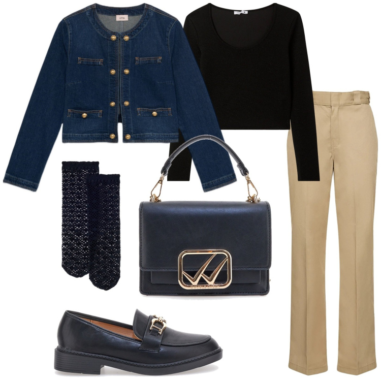 Outfit donna - Total look #2100544. Stile Casual chic per Ufficio. Abbinamento con t-shirt, borse a tracolla, mocassini, blazer, pantaloni, calzini.