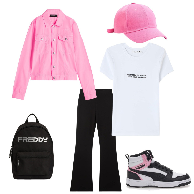 Outfit donna - Semplice. Stile Basic per Tutti i giorni. Abbinamento con pantaloni, cappelli, t-shirt, blazer, zaini, sneakers.