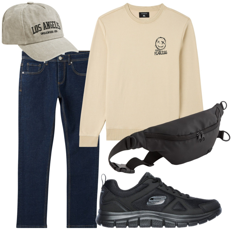 Outfit uomo - Total look #2100548. Stile Urban per Tutti i giorni. Abbinamento con felpe, jeans, cappelli, sneakers, borse sportive.