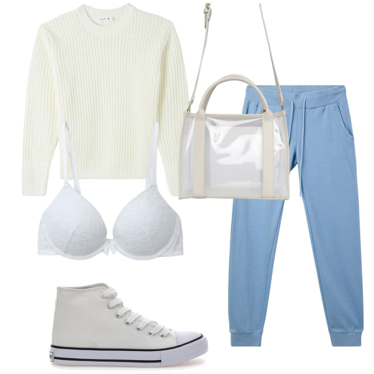 Outfit donna - Total look #2100549. Stile Casual per Tutti i giorni. Abbinamento con borse tote, reggiseni push-up, pantaloni, maglieria, sneakers.