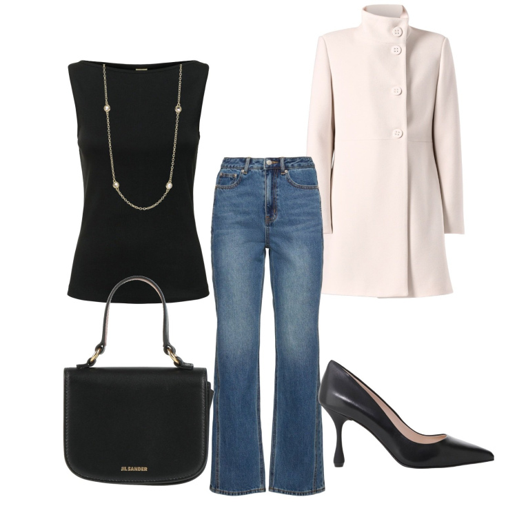 Outfit donna - Total look #2100552. Stile Basic per Ufficio. Abbinamento con borse a mano, collane, cappotti, décolleté, canottiere, jeans dritti.