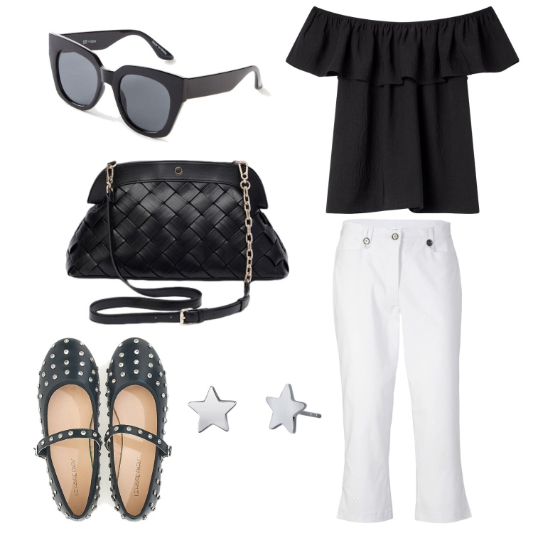 Outfit donna - Ballerina rock. Stile Casual chic per Tutti i giorni. Abbinamento con pantaloni capri, occhiali da sole, bluse, orecchini, ballerine, clutch.