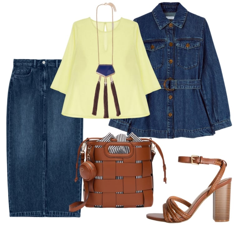Outfit donna - Giallo e jeans. Stile Casual per Tutti i giorni. Abbinamento con bluse, blazer, ciondoli, borse a secchiello, gonne longuette, sandali col tacco.