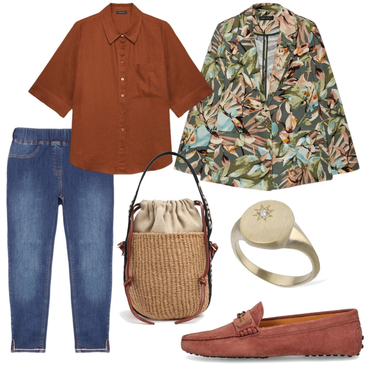 Outfit donna - Passeggiata con le amiche in centro. Stile Casual chic per Tutti i giorni. Abbinamento con blazer, jeggings, borse a mano, anelli, camicie, mocassini.