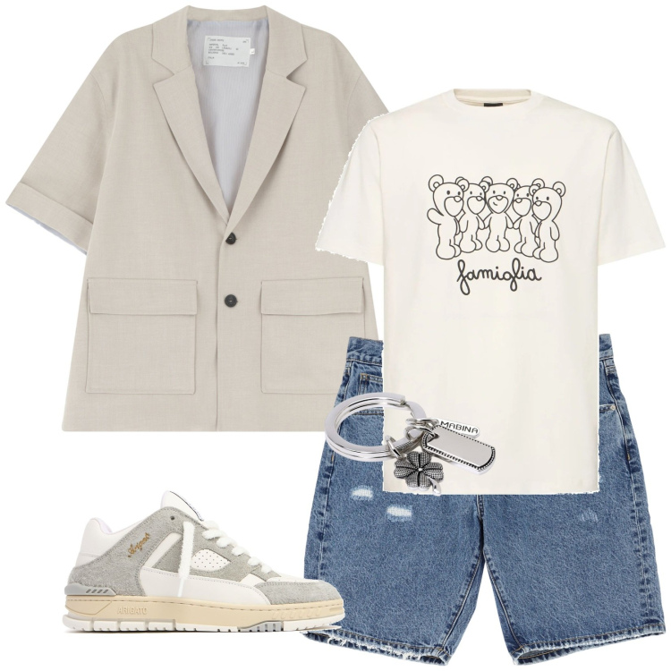 Outfit uomo - Giacca maniche corte. Stile Trendy per Tutti i giorni. Abbinamento con portachiavi, giacche, bermuda, sneakers, t-shirt.