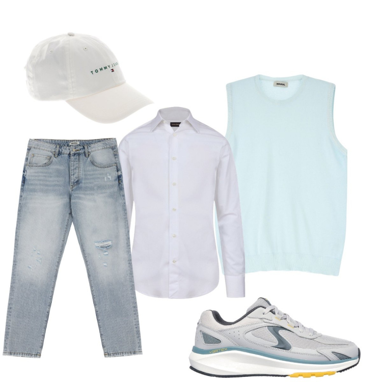 Outfit uomo - Total look #2100580. Stile Casual per Tutti i giorni. Abbinamento con jeans strappati, maglieria, camicie, sneakers, cappelli.