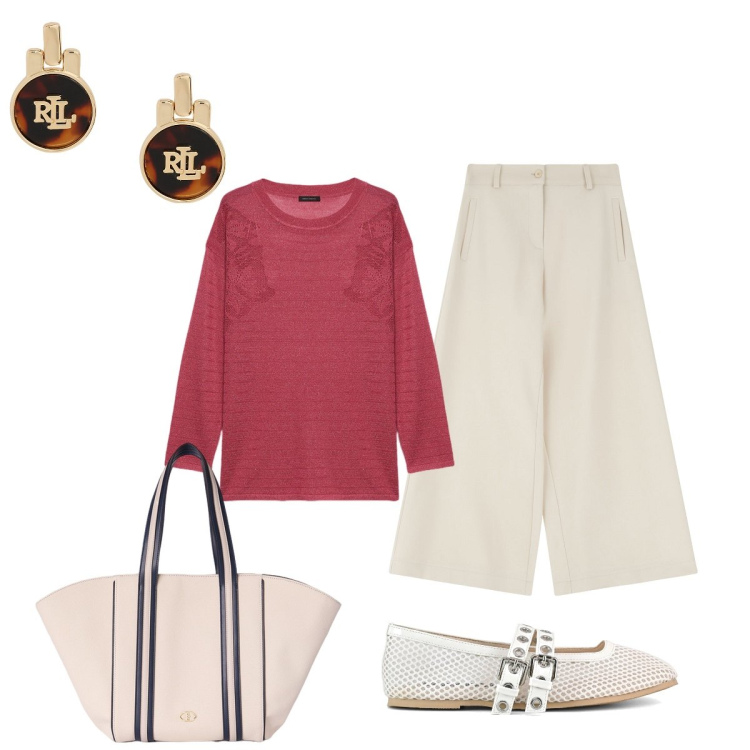 Outfit donna - Mary Jane non passano mai di moda... Stile Bon Ton per Tutti i giorni. Abbinamento con pantaloni a palazzo, orecchini, maglieria, ballerine, shopping bag.