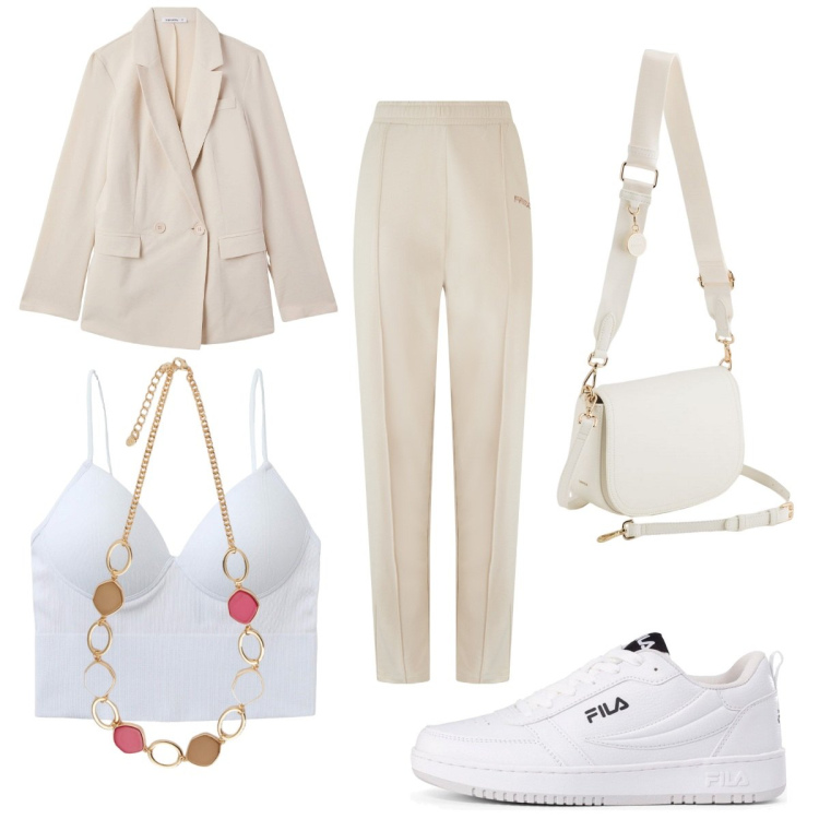Outfit donna - Tailleur comodo. Stile Basic per Tutti i giorni. look ideale per Tall. Abbinamento con blazer, top, pantaloni, sneakers, collane, borse a tracolla.