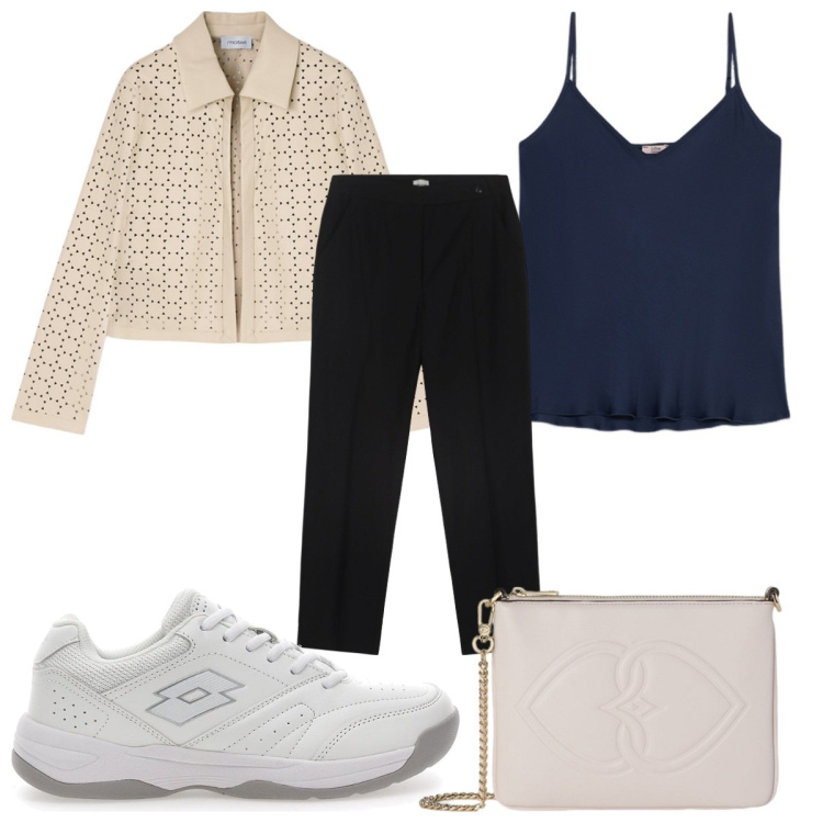 Outfit donna - Total look #2100599. Stile Casual chic per Tutti i giorni. Abbinamento con pantaloni, sneakers, top, blazer, pochette.