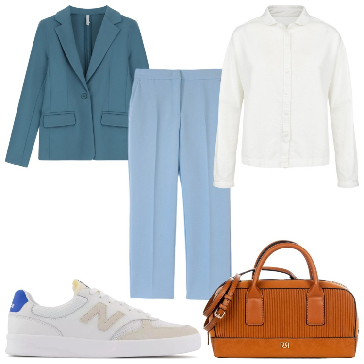 Outfit donna - Total look #2100600. Stile Casual chic per Tutti i giorni. Abbinamento con sneakers, borse a mano, blazer, pantaloni, camicie.