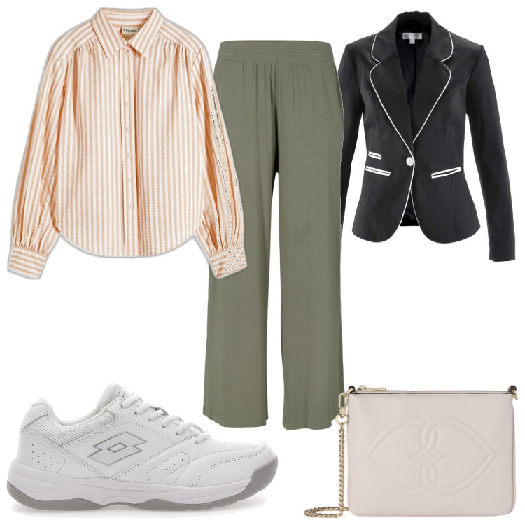 Outfit donna - Total look #2100605. Stile Casual chic per Tutti i giorni. Abbinamento con pantaloni, blazer, camicie, sneakers, pochette.