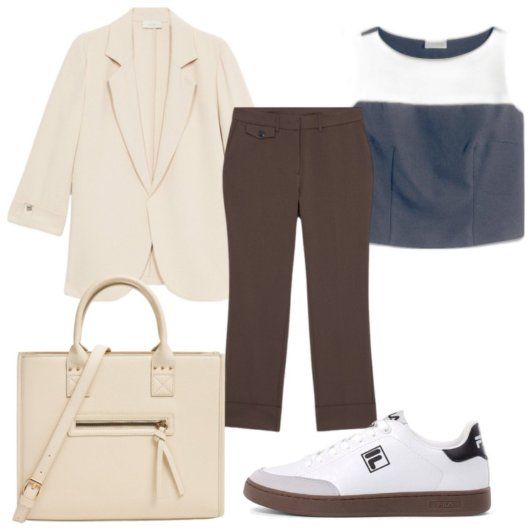 Outfit donna - Total look #2100607. Stile Casual chic per Tutti i giorni. Abbinamento con top, shopping bag, sneakers, pantaloni, blazer.