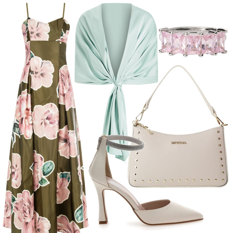 Outfit donna - Stampe floreali rivisitate. Stile Chic per Cerimonia. Abbinamento con anelli, vestiti lunghi, stole, borse a spalla, décolleté.