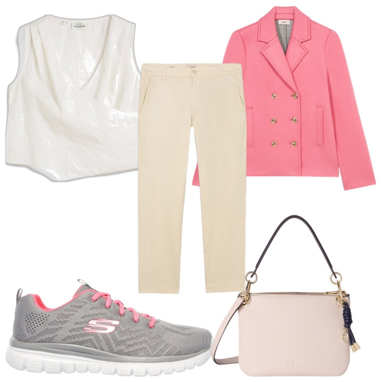 Outfit donna - Total look #2100612. Stile Casual chic per Tutti i giorni. Abbinamento con top, sneakers, blazer, pantaloni chino, borse a tracolla.