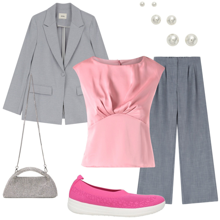 Outfit donna - Mary Jane & Ballerine. Stile Casual chic per Serata fuori. Abbinamento con ballerine, top, pantaloni, blazer, orecchini, clutch.