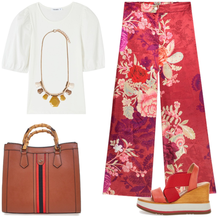 Outfit donna - Etnica. Stile Etnico per Tutti i giorni. Abbinamento con t-shirt, sandali, borse a tracolla, pantaloni a palazzo, collane.