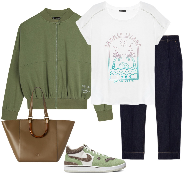 Outfit donna - Verde oliva. Stile Casual per Tutti i giorni. Abbinamento con felpe, jeans, sneakers, t-shirt, shopping bag.