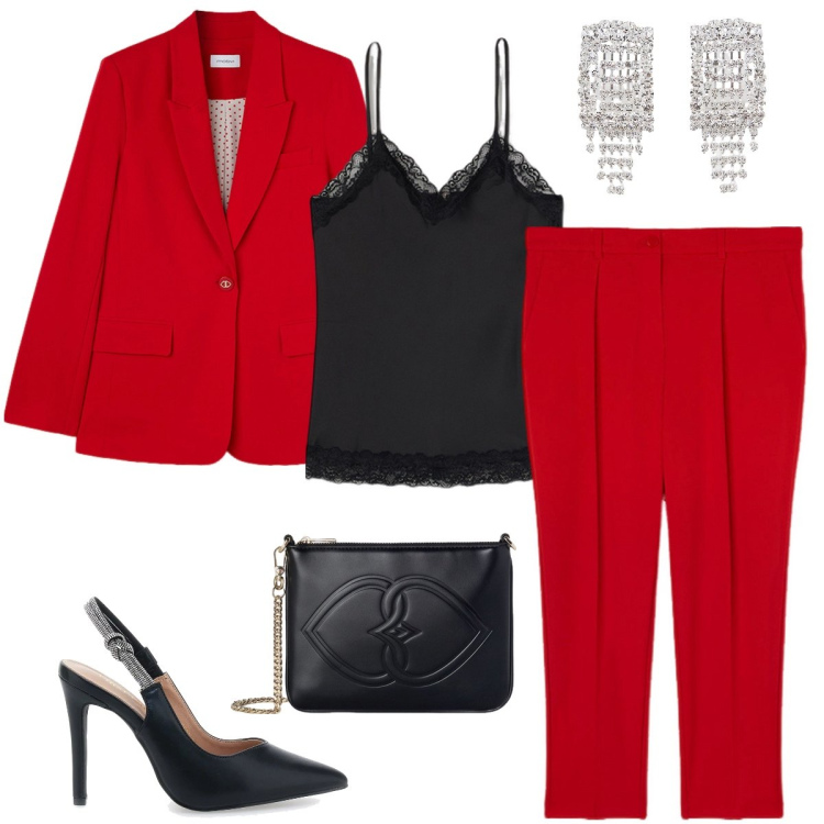 Outfit donna - Il tailleur rosso. Stile Chic per Cerimonia. Abbinamento con orecchini, décolleté, pantaloni, blazer, pochette, top.