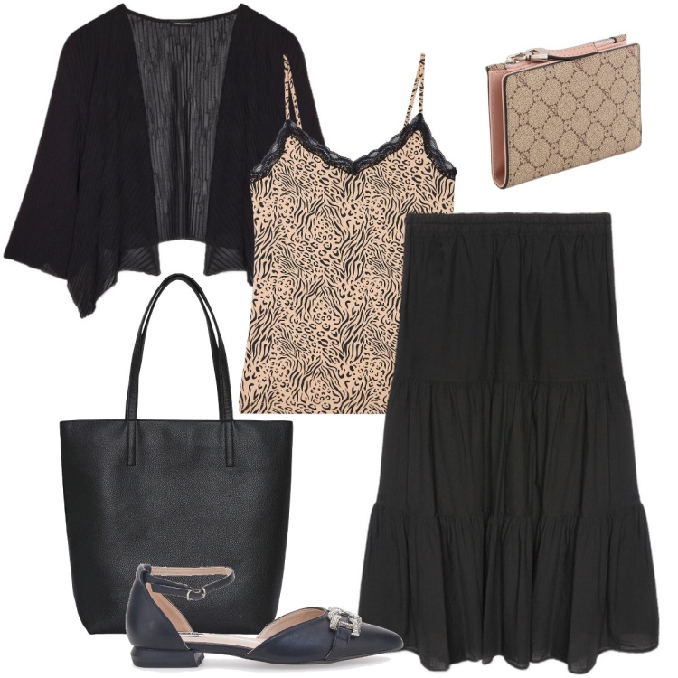 Outfit donna - Il top animalier. Stile Boho per Serata fuori. Abbinamento con borse tote, canottiere, ballerine, bolero, gonne lunghe, portafogli.