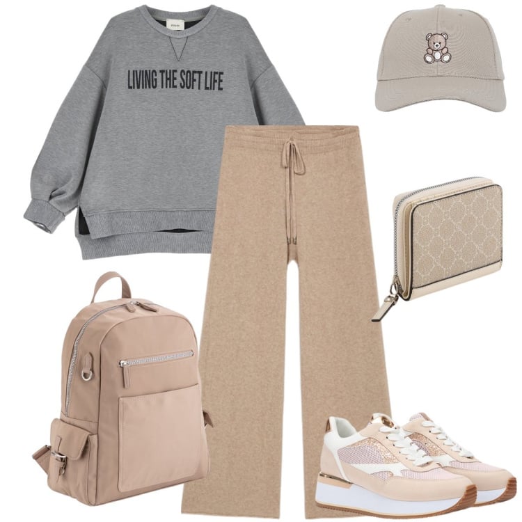 Outfit donna - Stare comode. Stile Basic per Tutti i giorni. Abbinamento con cappelli con visiera, felpe, pantaloni, sneakers, zaini, portafogli.