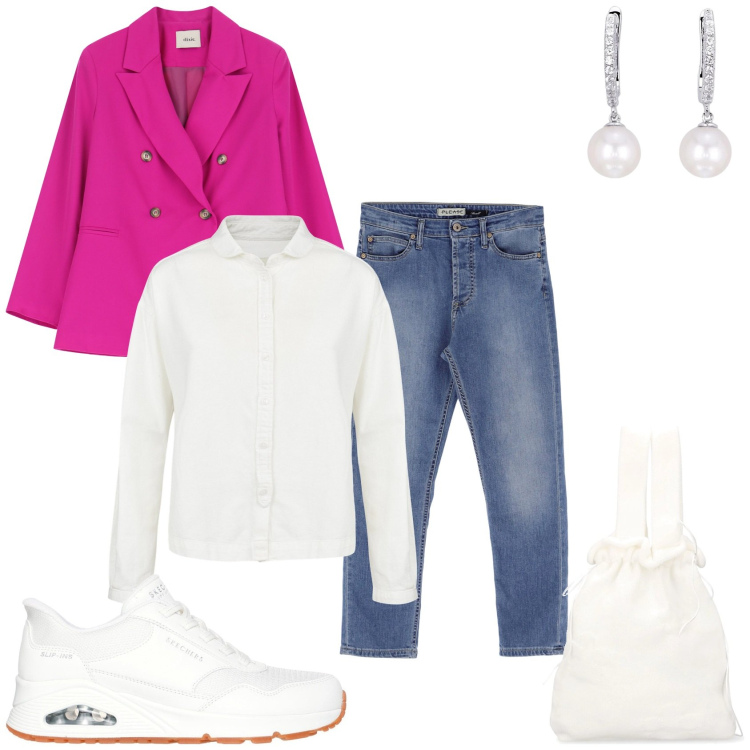 Outfit donna - Jeans con la giacca. Stile Casual per Tutti i giorni. Abbinamento con jeans, orecchini, blazer, sneakers, borse a mano, camicie.