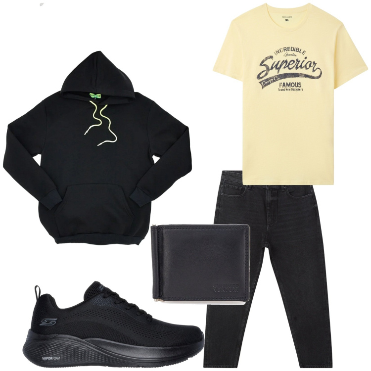 Outfit uomo - Total look #2100654. Stile Urban per Tutti i giorni. Abbinamento con t-shirt, jeans, portafogli, sneakers, felpe con cappuccio.