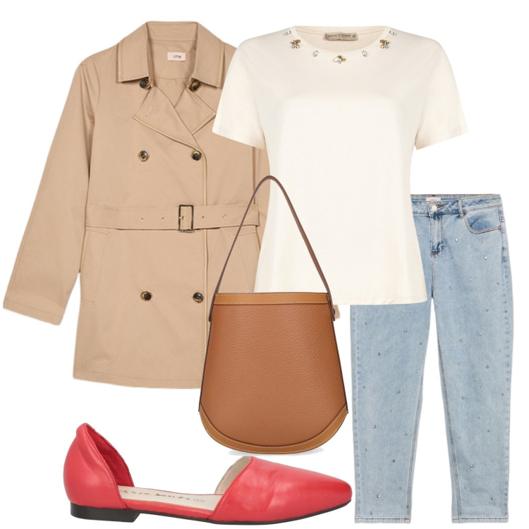 Outfit donna - Il mini trench. Stile Casual per Scuola/Università. Abbinamento con ballerine, t-shirt, trench, borse a mano, jeans.
