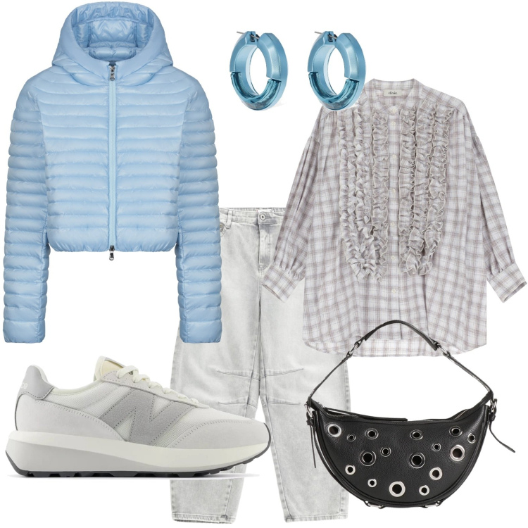 Outfit donna - Gli oblò nella borsa. Stile Casual per Tutti i giorni. Abbinamento con borse a mano, sneakers, jeans dritti, camicie, piumini, orecchini.