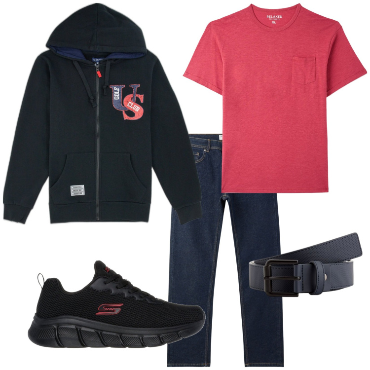 Outfit uomo - Total look #2100664. Stile Urban per Tutti i giorni. Abbinamento con t-shirt, jeans, sneakers, felpe con cappuccio, cinture.