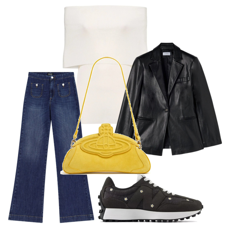 Outfit donna - Il top comodo in viscosa. Stile Glamour per Tutti i giorni. Abbinamento con sneakers, jeans a zampa, clutch, top, blazer.