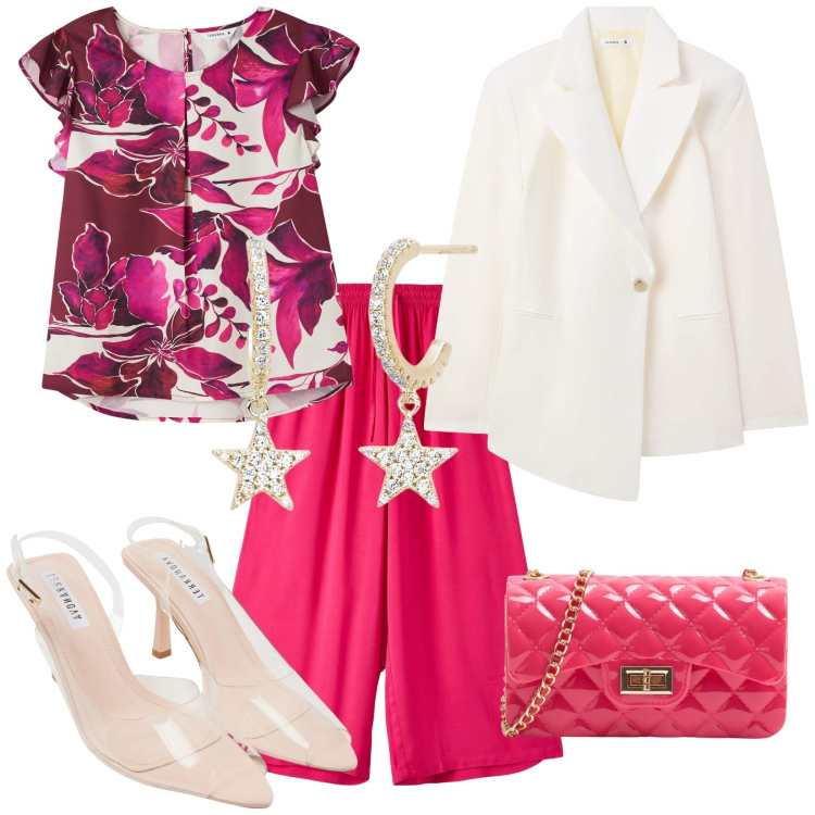 Outfit donna - I miei primi 50 anni. Stile Glamour per Serata fuori. Abbinamento con bluse, borse a tracolla, sandali col tacco, blazer, pantaloni a palazzo, orecchini.