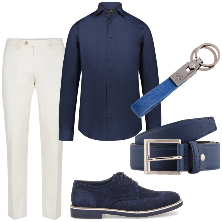 Outfit uomo - Eleganza rilassata. Stile Business/Elegante per Serata speciale. Abbinamento con scarpe stringate, camicie, pantaloni chino, cinture, portachiavi.