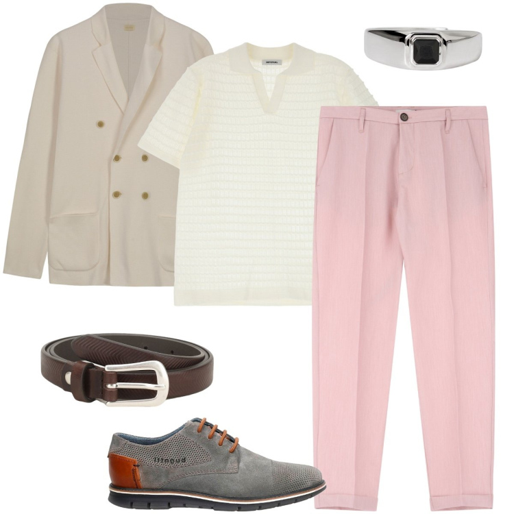 Outfit uomo - I pantaloni rosa. Stile Trendy per Ufficio. Abbinamento con anelli, pantaloni, cinture, polo, scarpe stringate, cardigans.