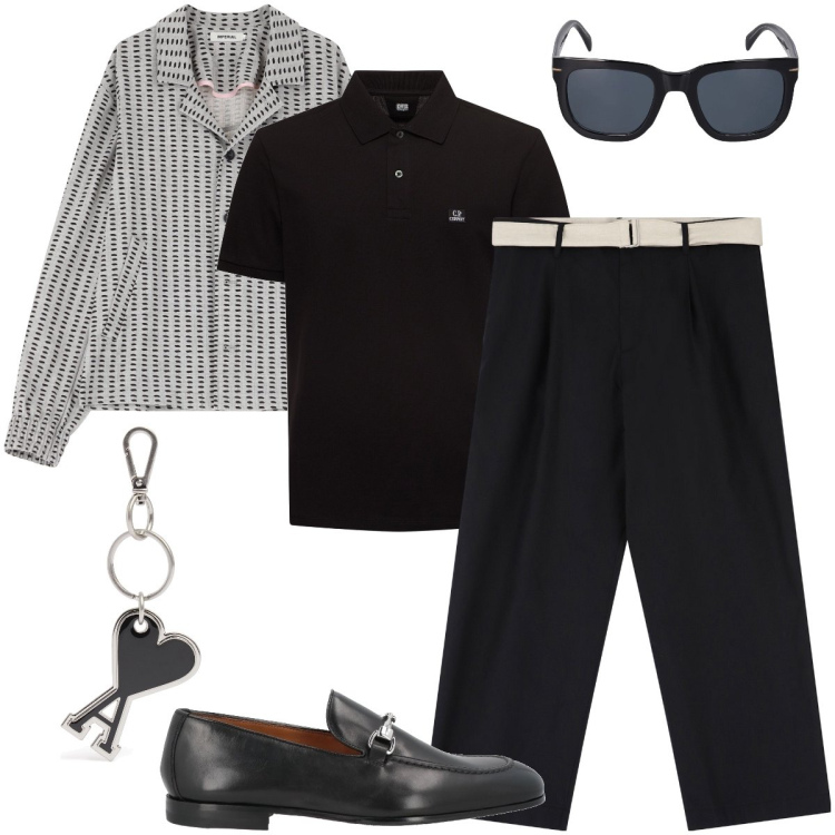 Outfit uomo - Così alla cerimonia. Stile Trendy per Cerimonia. Abbinamento con scarpe stringate, pantaloni, cappotti, occhiali da sole, portachiavi, polo.