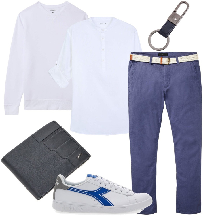 Outfit uomo - La camicia a serafino. Stile Urban per Tutti i giorni. Abbinamento con pantaloni chino, camicie, felpe, portafogli, sneakers, portachiavi.