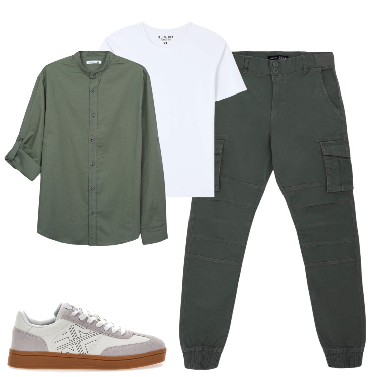 Outfit uomo - Aprile. Stile Casual per Tutti i giorni. Abbinamento con t-shirt, pantaloni cargo, camicie, sneakers.