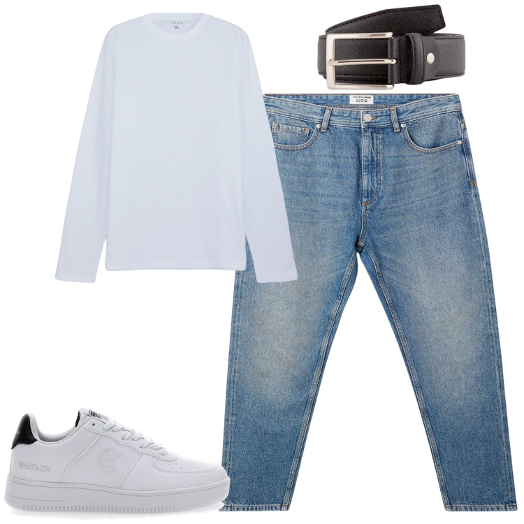 Outfit uomo - Simply denim. Stile Casual per Tutti i giorni. Abbinamento con t-shirt, jeans, cinture, sneakers.
