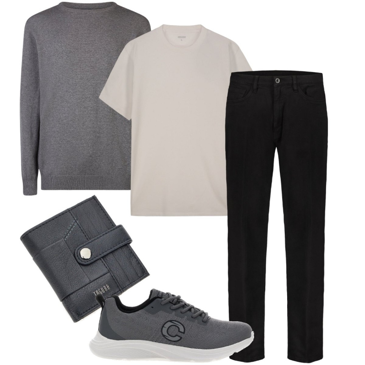 Outfit uomo - Dettagli grigi. Stile Urban per Ufficio. Abbinamento con maglieria, portafogli, sneakers, pantaloni, t-shirt.