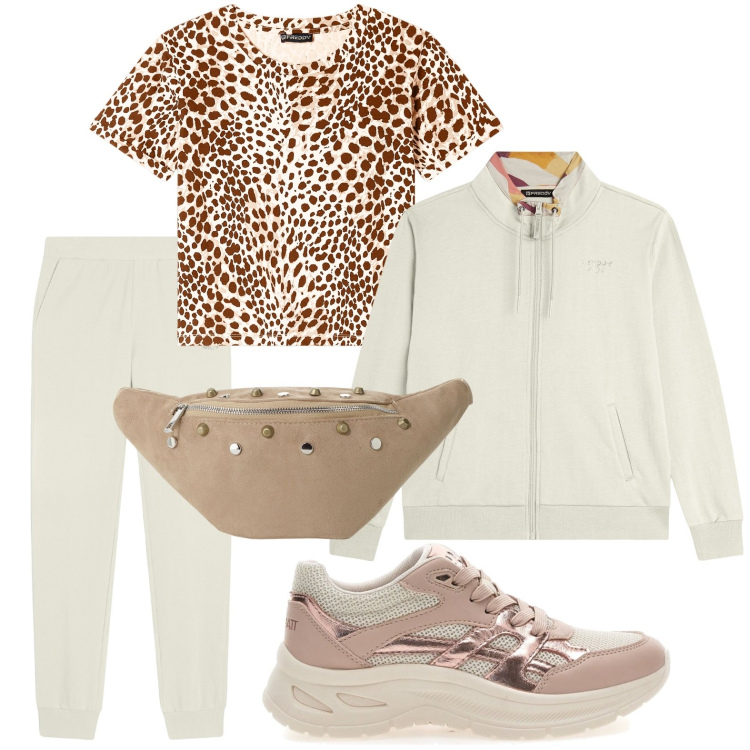 Outfit donna - Maculato chic. Stile Sporty chic per Tutti i giorni. Abbinamento con felpe, pantaloni, t-shirt, marsupi, sneakers.