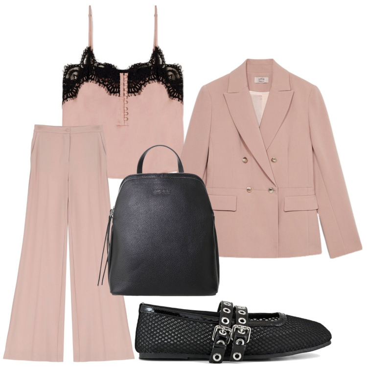 Outfit donna - Raffinata all day. Stile Bon Ton per Ufficio. Abbinamento con pantaloni, zaini, ballerine, top, blazer.
