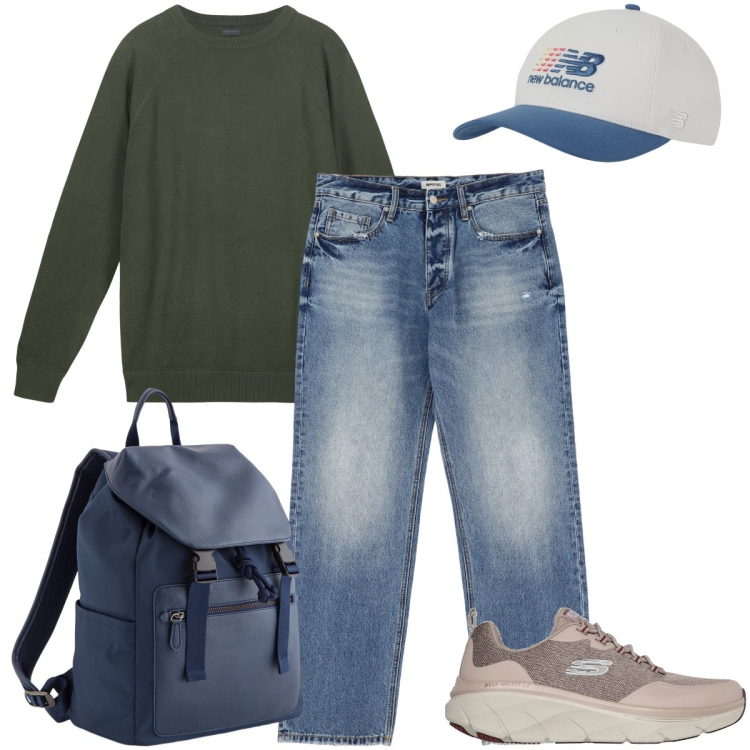 Outfit uomo - Gita fuori porta. Stile Casual per Tutti i giorni. Abbinamento con cappelli, jeans, sneakers, maglieria, borse sportive.